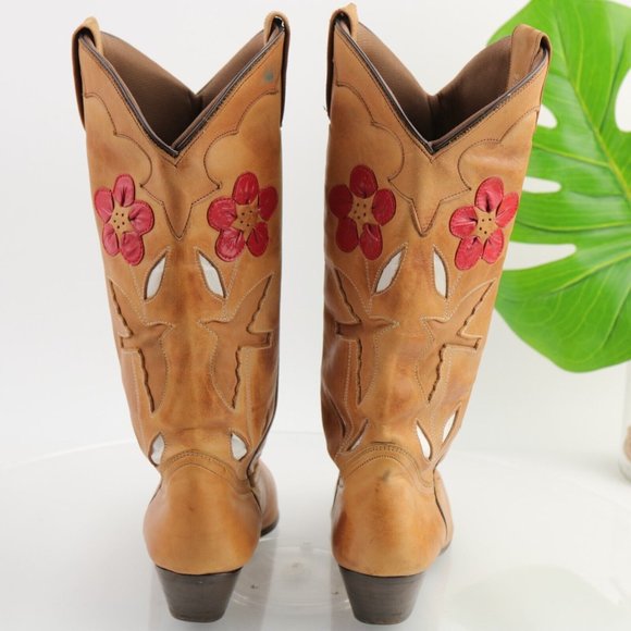 Tan Leather Heeled Boots with Red Floral Design - Picture 7 of 12